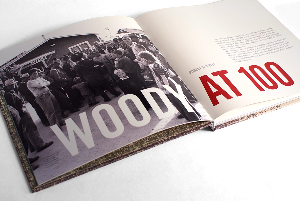 book spread showing full page photo of Woody Guthrie playing guitar to a crowd and title page for the book